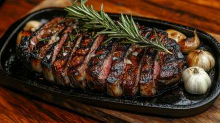 Indulge in a perfectly grilled bistecca, beautifully presented on a sizzling cast iron plate, garnished with fresh rosemary and served with roasted garlic.の素材