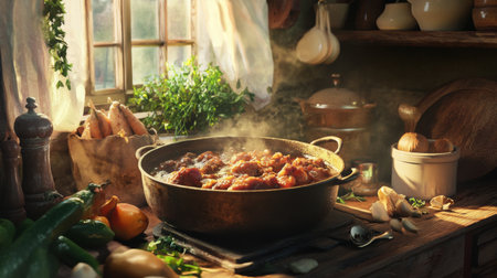 A rustic kitchen scene featuring a pot of crispy pork surrounded by fresh herbs and vegetables. The warm light creates an inviting atmosphere perfect for culinary delight.の素材
