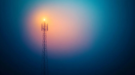A tall cell tower emerges through fog during dusk, radiating a warm light. This serene scene captures the blend of technology and nature in a tranquil moment.の素材