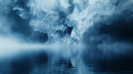 A captivating scene featuring swirling smoke and fog gracefully rising over a still reflective water surface, creating an ethereal and serene atmosphere.の素材