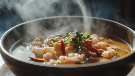 A steaming bowl of hot shrimp tom yum soup garnished with fresh herbs and spices. This vibrant dish showcases a perfect blend of fragrant flavors, ideal for seafood lovers.の素材