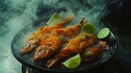 This striking image features a steaming plate of deep fried fish garnished with fresh lime. The delicious dish is perfect for showcasing culinary excellence and flavors.の素材