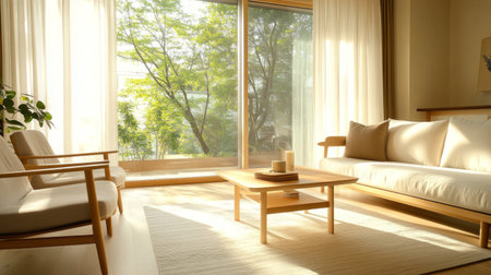 A serene living room showcasing natural light, minimalist furniture, and a peaceful atmosphere. Perfect for relaxation, this space blends comfort and style harmoniously.の素材