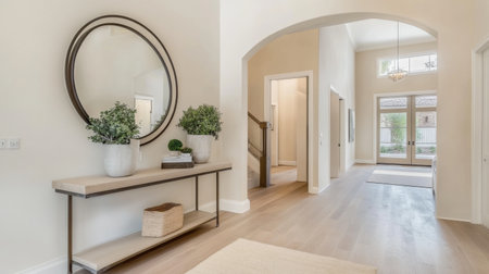 This spacious minimalist entryway showcases a modern house design with a bright atmosphere, elegant decor, and inviting details that enhance its charm.の素材