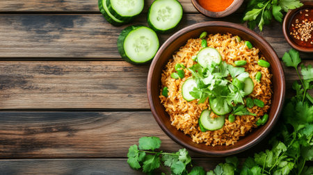 A rustic wooden table displays a delicious bowl of curried rice garnished with fresh cucumber and cilantro, showcasing vibrant colors and textures perfect for a fresh meal.の素材