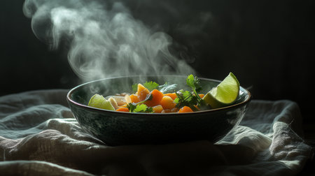 A vibrant bowl of tom yum goong captures the essence of Thai cuisine. Steam rises from the fragrant soup, adorned with fresh herbs and lime. Perfect for food lovers.の素材