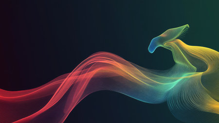 This abstract image showcases vibrant neon waves flowing against a dark background, blending colors seamlessly to create a modern and dynamic visual experience.の素材