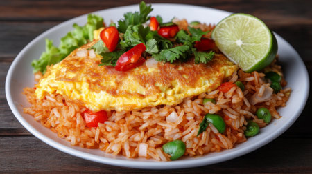 Enjoy a vibrant plate of fried rice topped with a golden omelette, fresh cilantro, and lime, perfect for a tasty and colorful meal.の素材