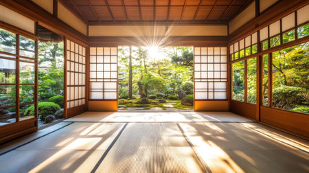 A serene Japanese tatami room featuring natural light streaming through sliding doors, overlooking a lush garden, offering tranquility and aesthetic beauty.の素材