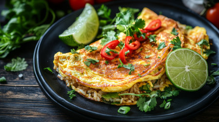 Delight in this vibrant dish of fried rice topped with a fluffy omelette, garnished with fresh cilantro and chili slices, served with lime wedges for a burst of flavor.の素材