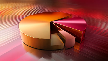 A visually engaging 3D pie chart with metallic finishes, set against an abstract background. Ideal for data visualization and modern presentations.の素材