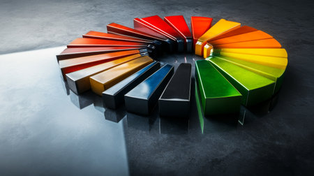 Explore this abstract 3D pie chart featuring vibrant metallic finishes and colorful segments, ideal for presenting data in a modern and artistic style.の素材