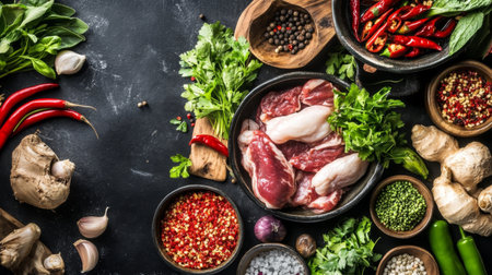 A vibrant market scene showcasing an array of fresh ingredients, including vegetables, herbs, and meats. Perfect for culinary inspiration and healthy recipes.の素材