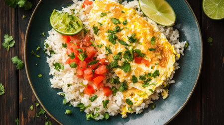 Enjoy a vibrant dish of fried rice topped with a golden omelet, fresh cilantro, and tomato, served with lime wedges for a burst of flavor. Perfect for any meal!の素材