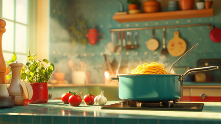 A vibrant Italian kitchen scene featuring a pot of boiling pasta surrounded by fresh tomatoes and garlic, creating an inviting and warm culinary atmosphere.の素材