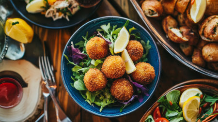 Delight in this vibrant overhead shot of golden arancini served with fresh herbs and lemon wedges, perfect for any gathering or culinary display.の素材