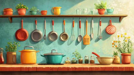 A vibrant kitchen scene featuring a variety of pots, utensils, and fresh plants. This colorful setup creates a cheerful and inviting atmosphere for cooking and creativity.の素材