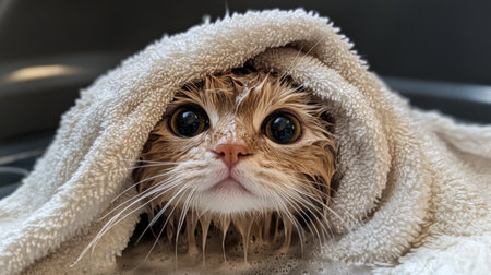 A fluffy cat wrapped in a soft towel after a bath, showcasing its big, expressive eyes and wet fur. This adorable moment captures the essence of pet care and comfort.の素材