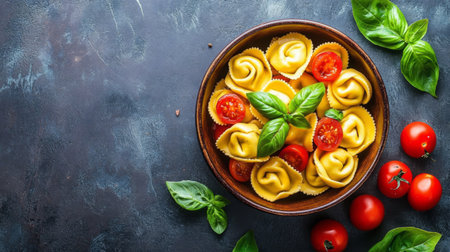A vibrant overhead shot showcasing delicious tortellini in a bowl, garnished with fresh basil and cherry tomatoes. Perfect for food lovers and chefs!の素材