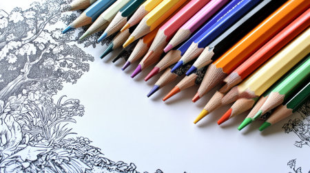 A vibrant arrangement of colored pencils on a sketchbook, perfect for artists seeking inspiration. Ideal for illustrating creativity and artistic tools.の素材