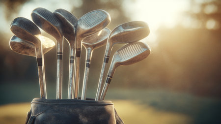 A visually striking image showcasing a collection of golf clubs arranged neatly in a bag. The sunlit background enhances the metallic shine and elegance of each club, emphasizing the beauty of outdoor sportsmanship.の素材