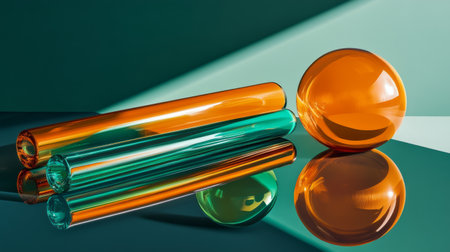 Explore a captivating arrangement of vibrant 3D abstract shapes in bright colors. The glossy surfaces and dynamic reflections create an eye-catching visual experience.の素材