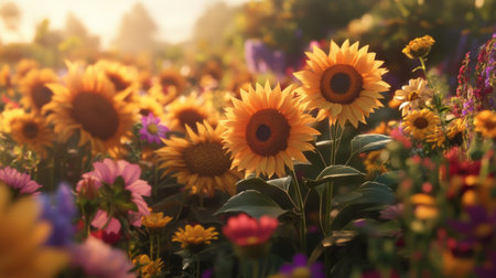 A stunning sunflower field filled with vibrant blooms, basking in soft sunlight. This scene captures the essence of beauty and tranquility in nature.の素材
