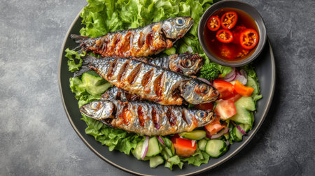 Overhead shot of delicious deep fried fish fillets served on a bed of fresh greens, complemented by vibrant vegetables and a dipping sauce. Perfect for a healthy meal!の素材