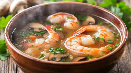 A close-up of a steaming bowl of tom yum goong soup featuring succulent shrimp, aromatic herbs, and a rich broth, ideal for a warming meal experience.の素材