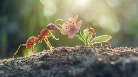 Ants interact gently with a delicate flower on a leaf, showcasing the beauty of nature. This close-up captures vibrant colors and intricate details in a serene setting.の素材