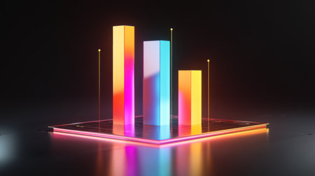 A vibrant 3D bar graph featuring glowing edges and a modern design. Ideal for showcasing data visualization and statistics in a creative and abstract manner.の素材