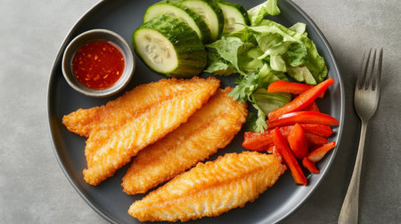 Enjoy a vibrant overhead shot featuring crispy fried fish fillets beautifully arranged with fresh vegetables, complementing sauce, and a delicious side salad.の素材