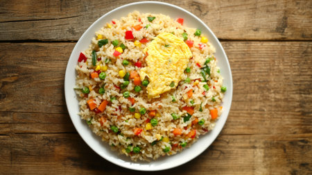 An appetizing overhead shot of a plate filled with colorful omelet rice, featuring vibrant vegetables and a generous serving, ideal for any meal.の素材