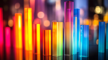 This visually striking 3D bar graph features sleek metallic bars in vibrant colors, ideal for illustrating data analysis, statistics, and modern design concepts.の素材