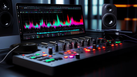 A sleek organized workspace designed for audio production, featuring professional equipment and a vibrant display for precise sound editing and mixing.の素材
