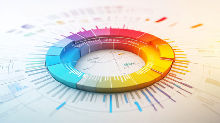 This colorful circular infographic features multiple data rings, offering a visual representation of statistics and analysis. Ideal for presentations and reports.の素材