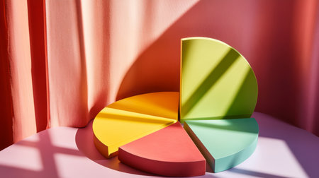 This colorful 3D pie chart features a segmented design, showcasing vibrant colors and playful shapes. Ideal for visual presentations or data analysis.の素材