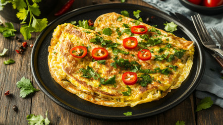 This elegant plate features a beautifully garnished omelet with rice, complemented by fresh cilantro and sliced chili peppers, perfect for any meal.の素材