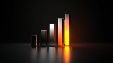 This stunning futuristic 3D metallic bar graph showcases a sleek design with neon lighting, perfect for representing data visualization and growth concepts.の素材
