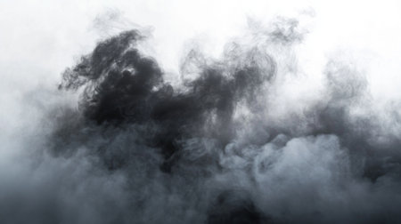 A dramatic composition featuring dark smoke rising against a stark white background, creating a captivating and ethereal atmosphere perfect for artistic projects.の素材