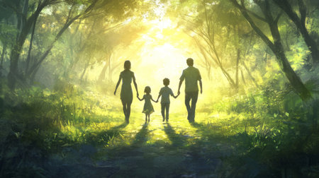 A heartwarming scene of a family walking hand in hand through a sunlit forest, embodying connection and joy in a beautiful natural setting.の素材