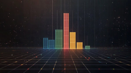 This digital illustration shows a glowing bar chart on a dark background, perfect for financial presentations and data analysis, showcasing trends and metrics visually.の素材