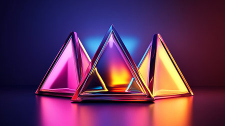 Explore a stunning display of futuristic 3D geometric shapes illuminated in vibrant neon colors. Ideal for modern design and artistic inspiration.の素材