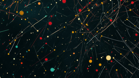 This abstract digital artwork features a vibrant composition of colorful dots and lines interwoven in a dynamic network, creating a modern aesthetic perfect for various design projects.の素材