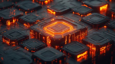 Dive into this futuristic graphic design featuring layered hexagons with glowing orange accents. Ideal for tech-related visuals and modern aesthetics.の素材
