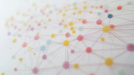 Explore a vibrant interactive data flow graph showcasing colorful nodes interconnected by delicate lines, perfect for illustrating complex data relationships and analysis.の素材