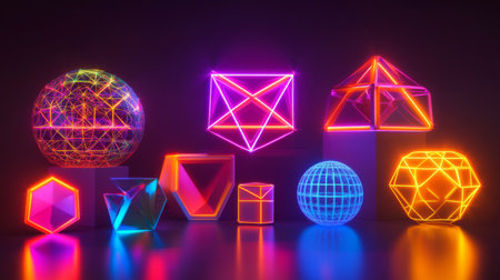 Discover a vibrant collection of neon geometric shapes in a futuristic 3D design. This artwork features captivating forms and luminous colors, perfect for modern visuals.の素材