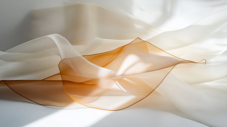 This modern graphic layout features overlapping translucent fabrics in soft tones, creating a serene and elegant atmosphere. Ideal for creative design projects.の素材