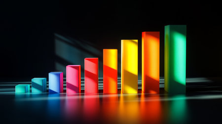 A vibrant 3D bar graph featuring colorful bars in various heights, creating a dynamic visual representation. Ideal for data presentations and creative designs.の素材