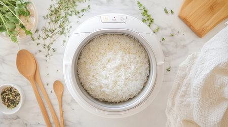 A modern rice cooker filled with fluffy white rice surrounded by herbs, spoons, and natural elements on a marble surface, perfect for home cooking.の素材